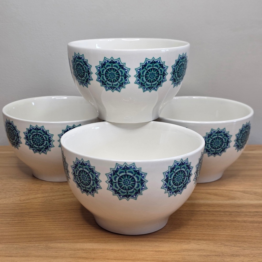 Royal Norfolk Set of 4 Snowflake Medallion Teal Blue Ceramic‎ Soup Cereal Bowls